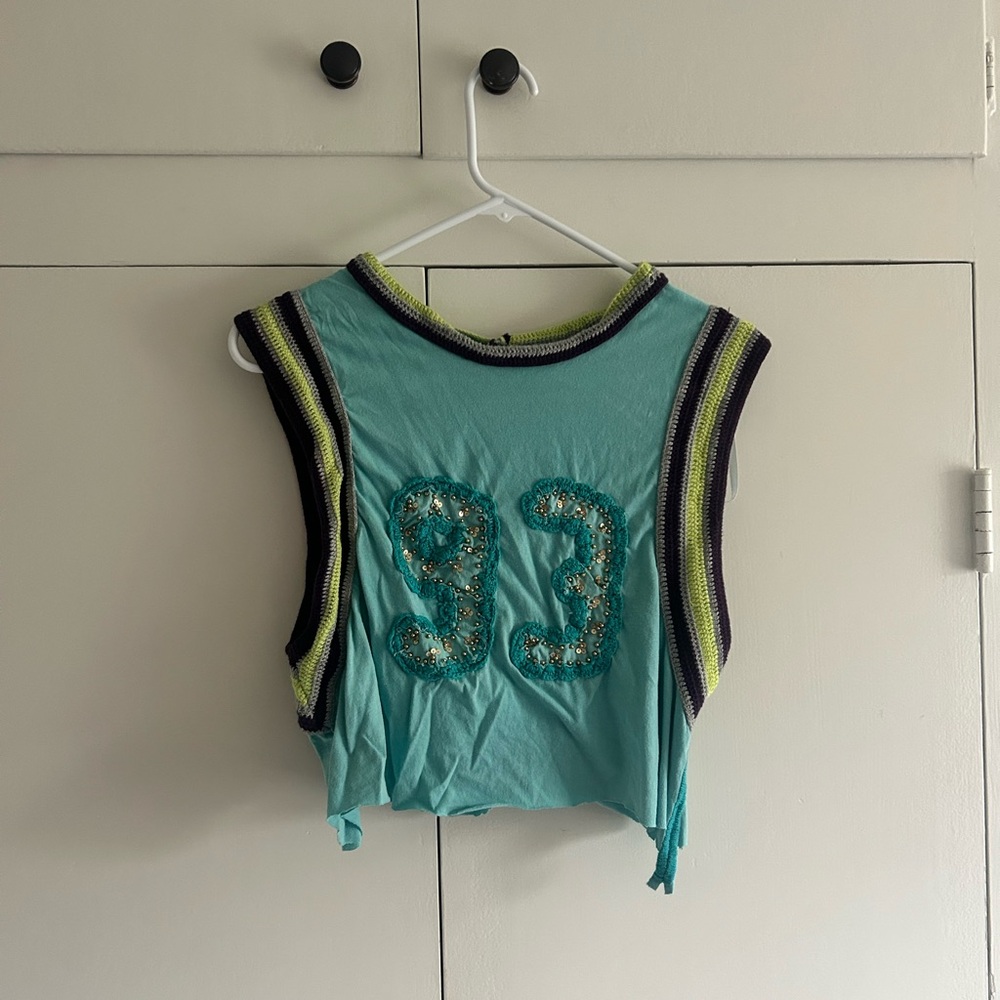 Free People Blue Graphic Crop Jersey